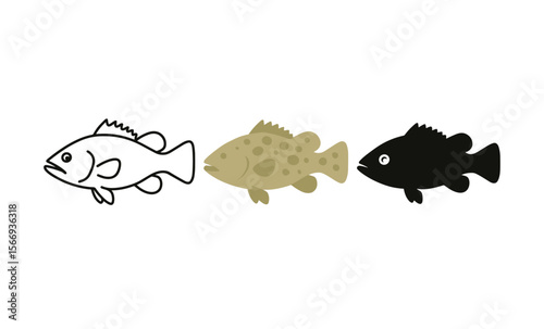 Trio of fish silhouettes: outline, pattern, shadow on white background