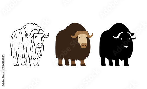 Three stylized musk ox illustrations: outline, colorful, silhouette designs