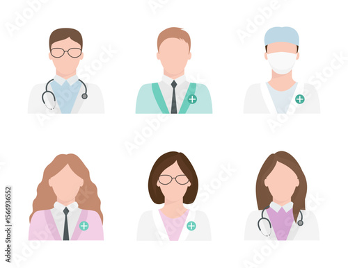 Set of flat male and female doctors in uniform. Minimal style, isolated on white.