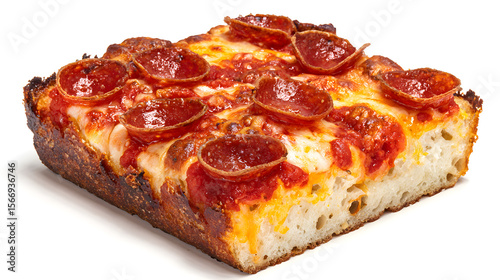 Thick Square Slice of Pepperoni Pizza with Golden Crust and Mozzarella Cheese
