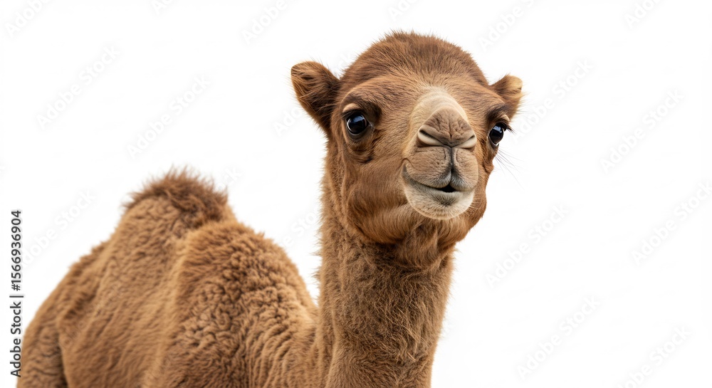 Obraz premium Junges Kamel schaut neugierig Kamera an sanftes Licht Hintergrund weiss. AI Generated
