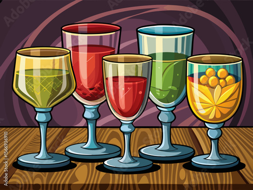 vector of Set of transparent vector glass goblets for wine bar placed side by side on table.