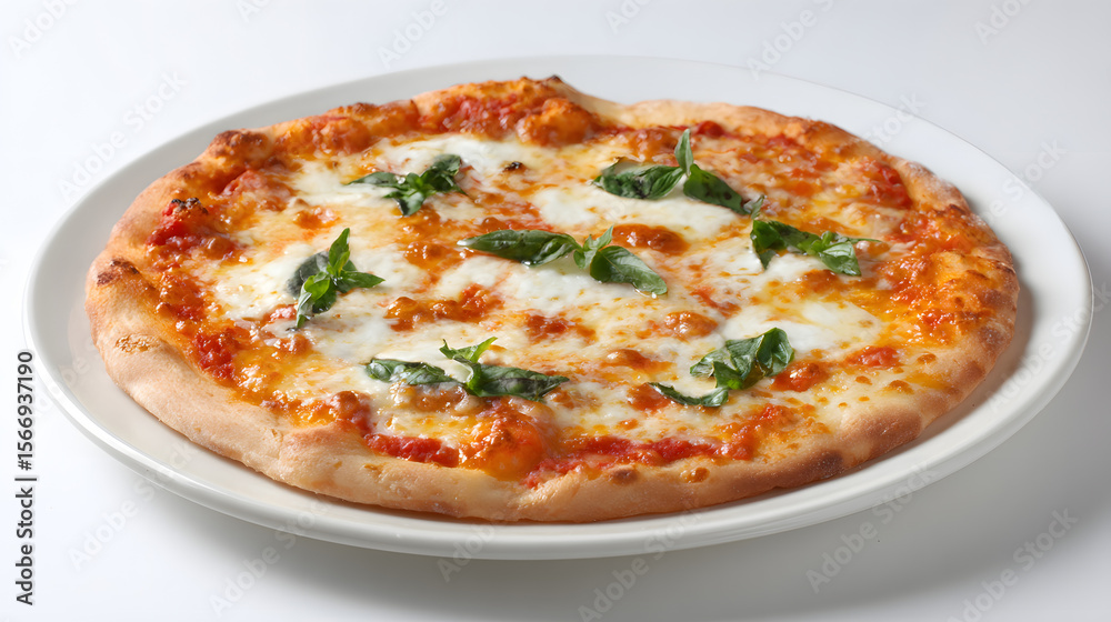 Classic Roman Style Margherita Pizza with Fresh Basil and Melted Cheese on a White Plate Classic Roman Style Margherita Pizza with Fresh Basil and Melted Cheese on a White Plate