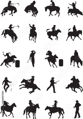 Rodeo cowboys and horses in action silhouettes vector