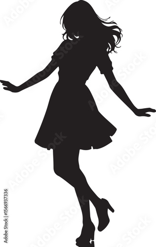Silhouette of a woman in a dress dancing flowing hair