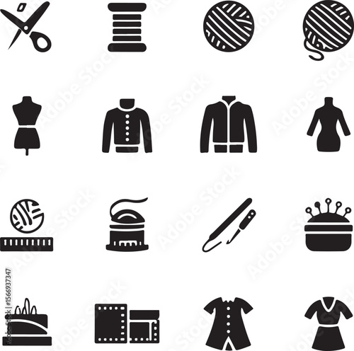 Sewing tools clothing and fabric icons scissors thread spool