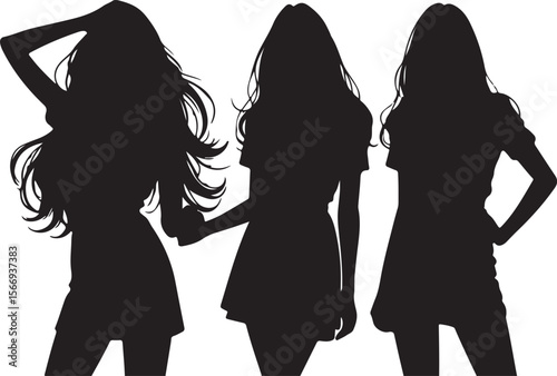 Three women silhouettes with flowing hair and dresses fashion