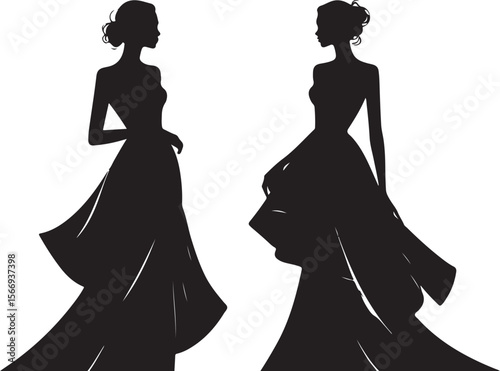 Two elegant women in flowing gowns silhouette fashion