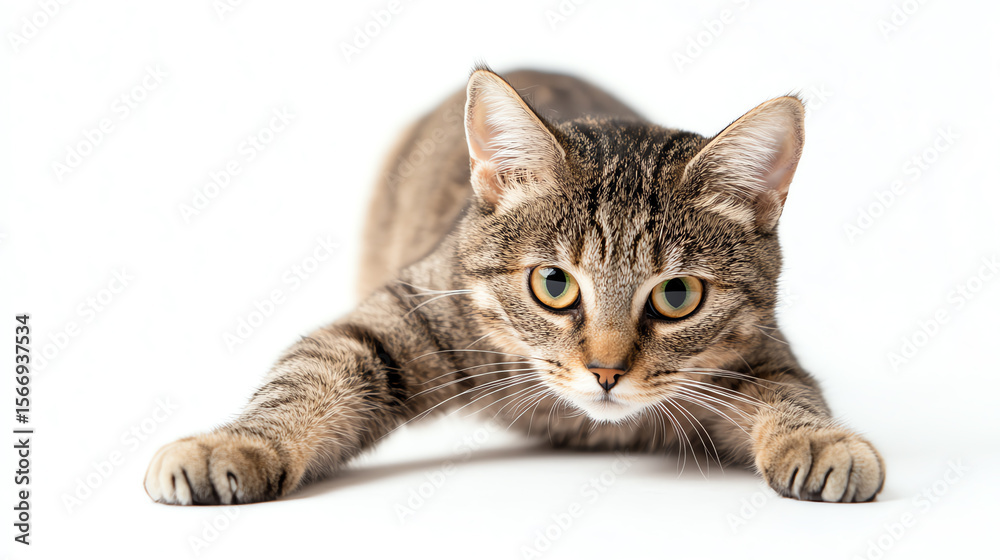 Obraz premium Mischievous cat stretching front legs forward, sneaky expression, white backdrop