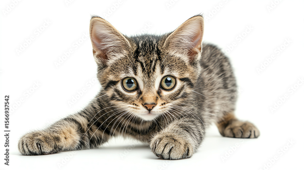 Obraz premium Mischievous cat stretching front legs forward, sneaky expression, white backdrop