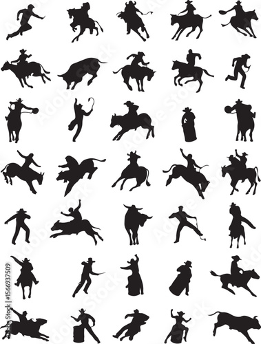Cowboys and bulls in action rodeo silhouettes horse rider