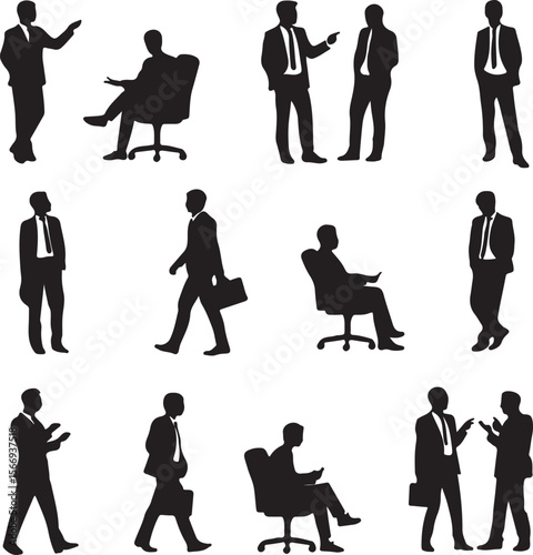 Businessmen silhouettes in various poses office meeting
