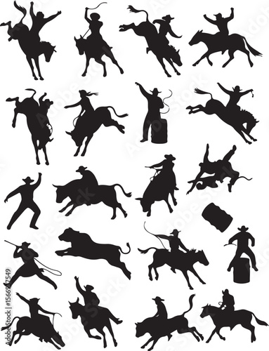 Cowboys riding bulls and horses lassoing and roping rodeo bull riding