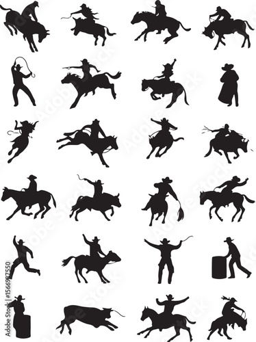 Cowboys and cowgirls riding horses and bulls rodeo