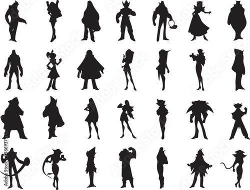 Diverse character silhouettes black and white characters figures