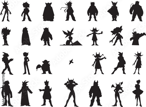 Diverse fantasy creature silhouettes in various poses creatures characters