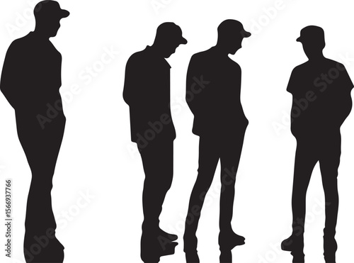 Four black silhouettes of men wearing caps white background