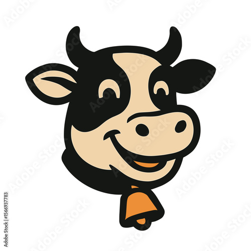 A cheerful cartoon cow portrait, showcasing a friendly bovine with a bell.