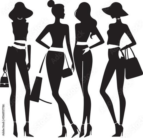 Four elegant women silhouettes with fashionable attire and accessories stylish