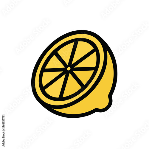 A vivid illustration of a sliced lemon, showcasing the bright yellow flesh with the intricate details of its segments. Capturing the essence of freshness and zest in a simple, yet appealing design.