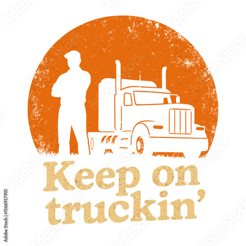 A graphic image shows a truck driver and a semi truck with the words "Keep on Truckin".  t-shirt design vector illustration