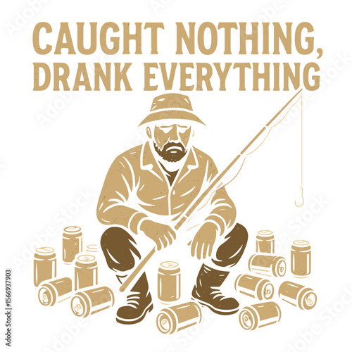 The fishing enthusiast contemplates his lack of success, surrounded by empty cans, reflecting on an enjoyable day, with a humorous touch, embodying a laid-back leisure activity.