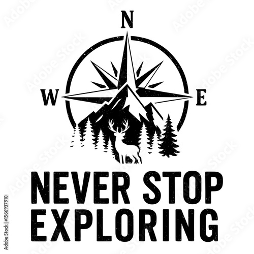 A powerful illustration of a compass and landscape symbolizes the spirit of exploration and the outdoors with text "Never Stop Exploring". t-shirt design vector illustration