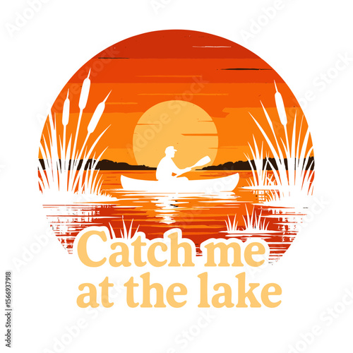 Catch me at the lake: A lone kayaker paddles serenely across a calm lake at sunset, silhouetted against a vibrant orange sky.  t-shirt design vector illustration