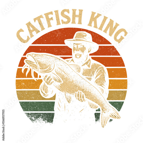 A proud fisherman holds up a large catfish in a vintage illustration style, symbolizing the thrill of the catch. The image is a classic depiction of angling. t-shirt design vector illustration
