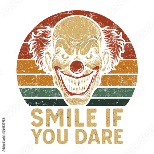The vintage aesthetic illustration of a sinister clown's grinning face, it's ominous presence, creating a captivating focal point. t-shirt design vector illustration