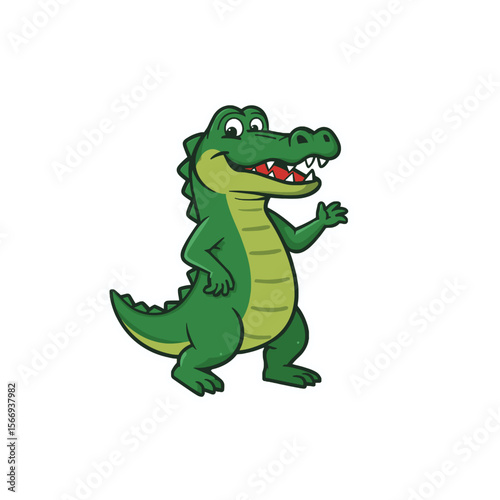 An illustration captures a friendly, green alligator waving hello, embodying playful charm and approachable nature. 