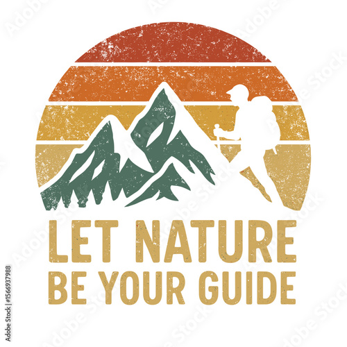 A captivating vintage-inspired illustration. A lone hiker ventures across a rugged mountainous landscape. t-shirt design vector illustration