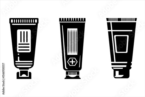 Cream tube bottle silhouette vector set illustration – cosmetic packaging design template. Tube pack, squeeze bottle icon set vector.