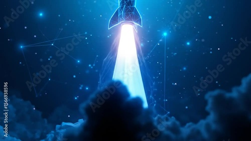 Abstract blue glowing rocket launch. Low poly style design, particles and triangles. Abstract geometric background. Wire frame light connection structure. 4k video