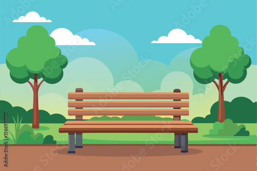 Wooden Bench in Lush Green Park Vector Illustration