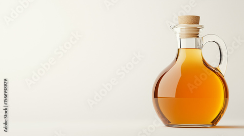 Exquisite Amber Elixir: A gracefully designed glass bottle, adorned with a cork stopper, cradles a radiant, amber-hued liquid.