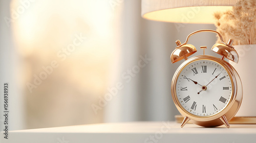 Timeless Elegance: A golden alarm clock sits on a bedside table, the soft light cast from a nearby lamp illuminating its classic design. It evoke feelings of peace and nostalgia.