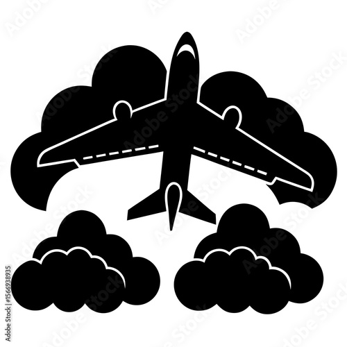 Photo of an airplane soars above fluffy clouds, isolated on white background