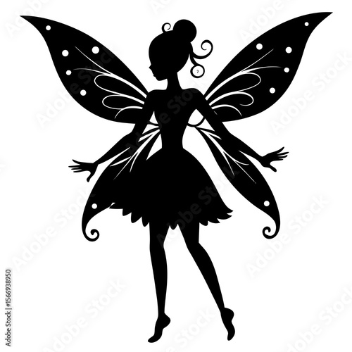 Photo of a delicate fairy silhouette with large wings is isolated on white background