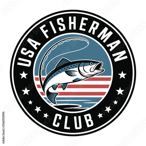 Circular badge-style t-shirt design featuring USA Fisherman Club text with stars and fishing rod on black and white background