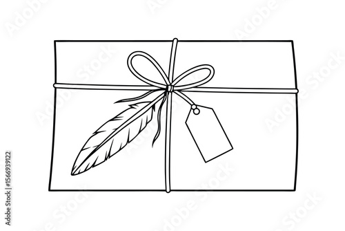 Wrapped package with feather and tag gift present