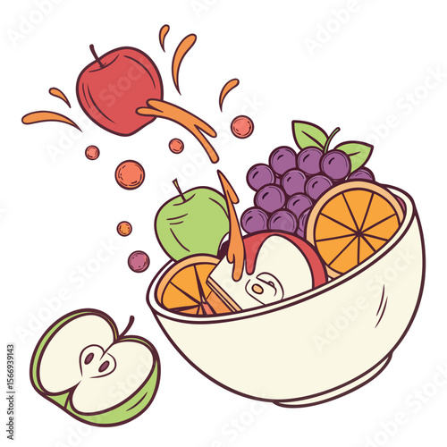 Vibrant assortment of fresh fruits with a splash of juice perfect for healthy lifestyle designs