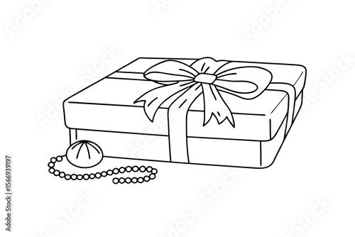 Gift box with ribbon and pearl necklace jewelry