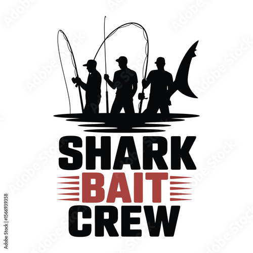Group of fishermen with shark tail illustration for t-shirt design on black and white background