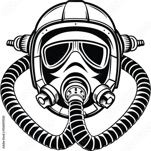 Black pilot helmet with oxygen mask and tubes vector