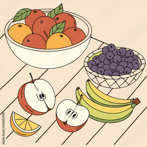 Vibrant assortment of fresh fruits illustrated in a colorful vector design
