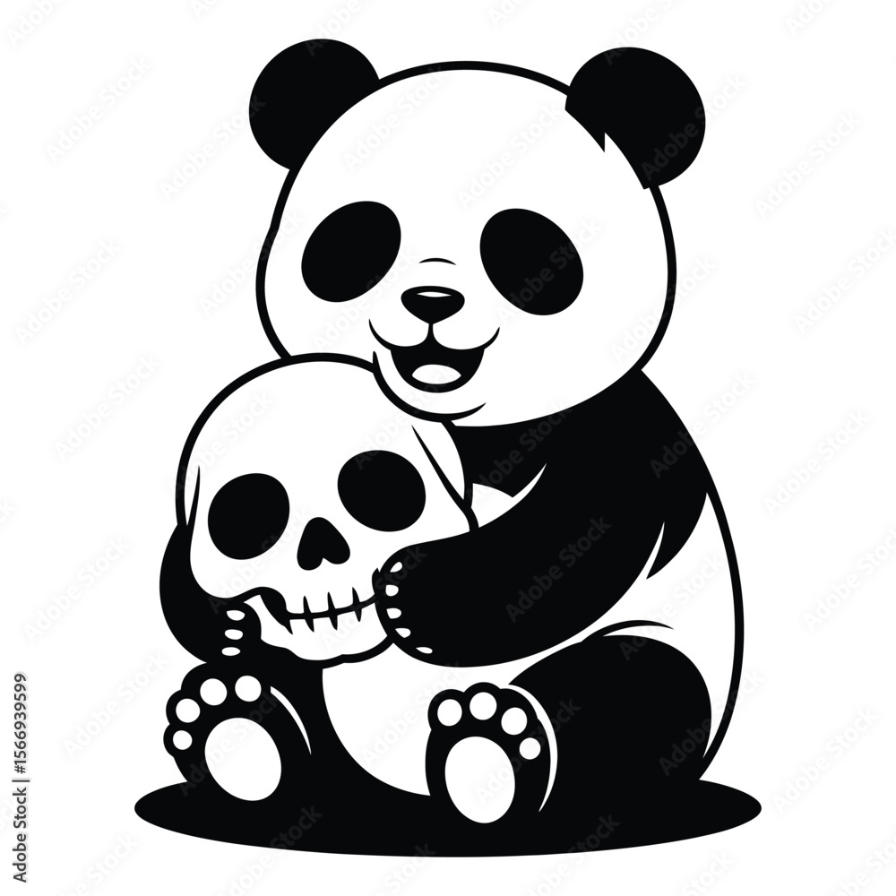 Fototapeta premium Kawaii silhouette vector of charming panda gently embracing stylized skull with Spooky Embrace text on isolated black and white background