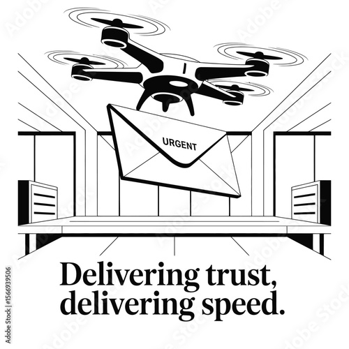 High-contrast vector of SwiftPost drone carrying urgent envelope in minimalist office with tagline Delivering Trust, Delivering Speed