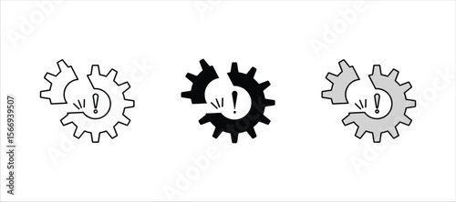  Disruption icon set vector art. Broken gear with an exclamation mark icon . symbolizing malfunction, error, or failure. suitable for various applications. Problem glyph solid icon.