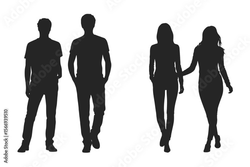 Silhouettes of people standing in a row against a white background in casual attire